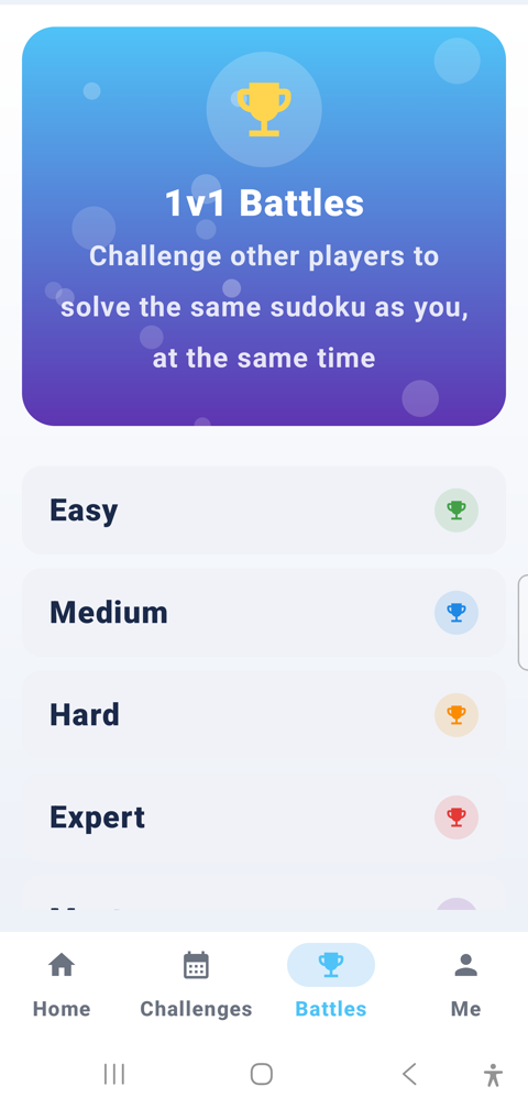 Orfeo Sudoku's 1v1 Battles screen, with the difficulty selector