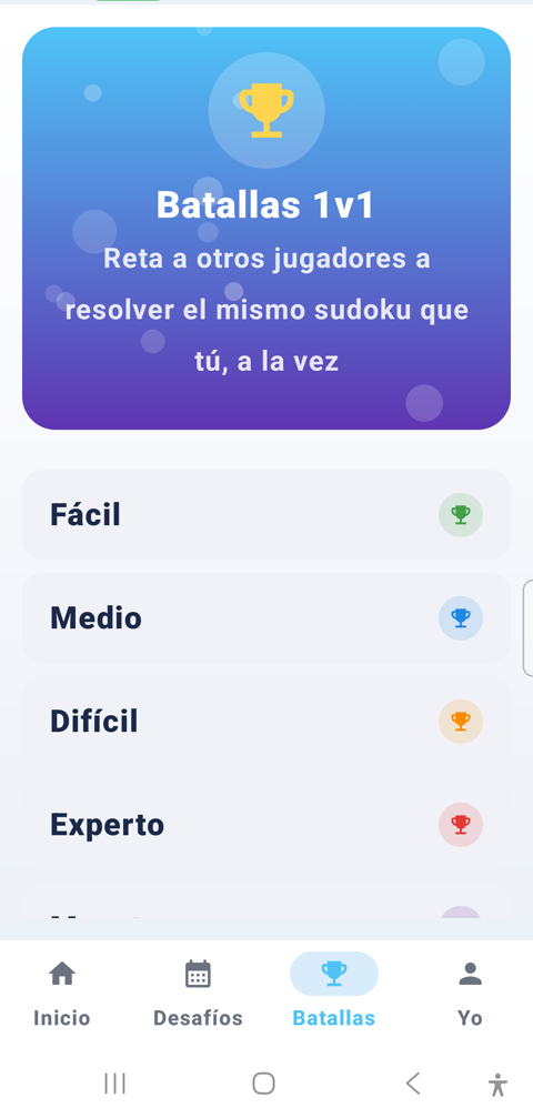 Pantalla de Batallas 1v1 de Orfeo Sudoku, con el selector de dificultad