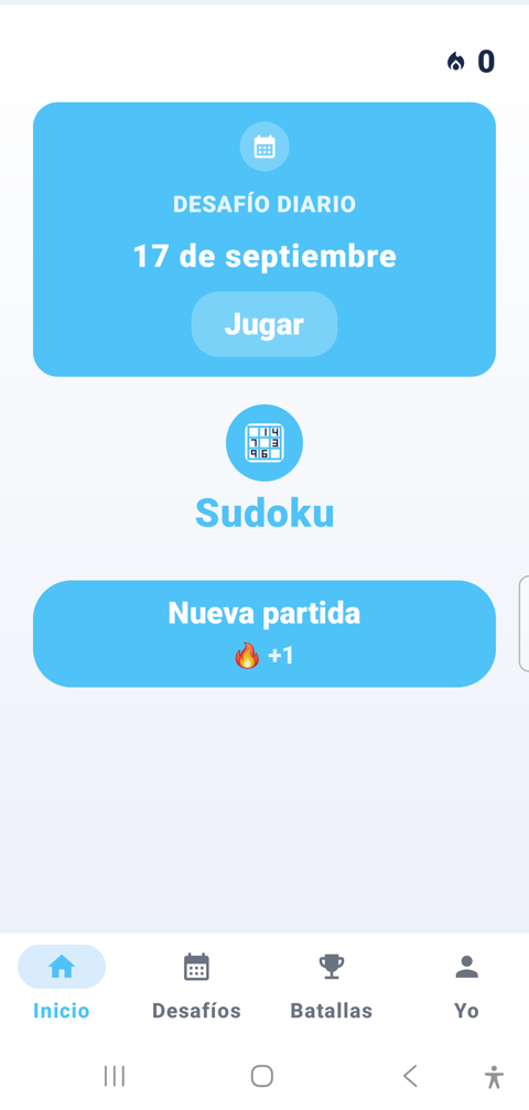 Pantalla de Inicio de Orfeo Sudoku, con el desafío diario y el botón Nueva partida