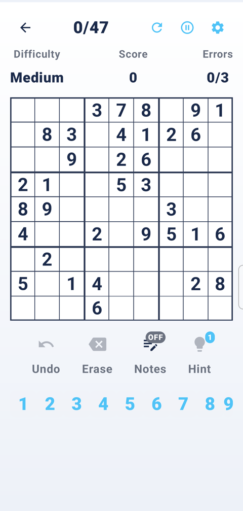 A sudoku game in progress in Orfeo Sudoku, Medium difficulty