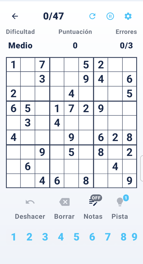 Partida de sudoku en curso en Orfeo Sudoku, dificultad Media