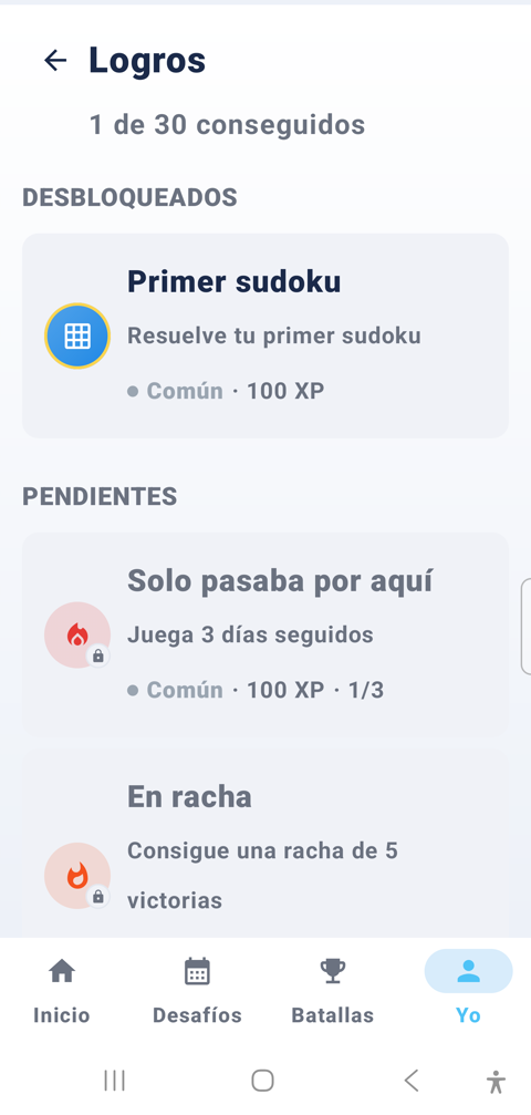 Pantalla de Logros de Orfeo Sudoku, con datos reales de progreso