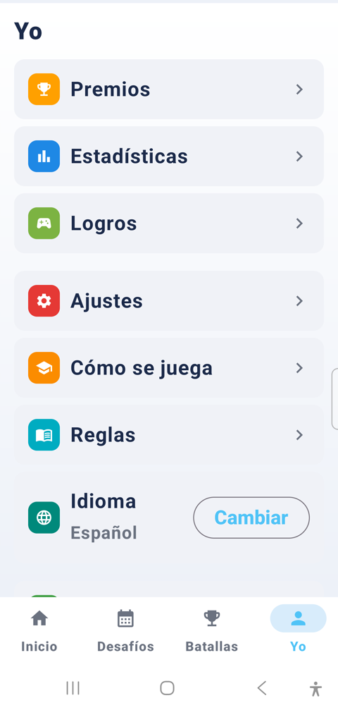 Pestaña Yo de Orfeo Sudoku, con Premios, Estadísticas, Logros y el selector de idioma
